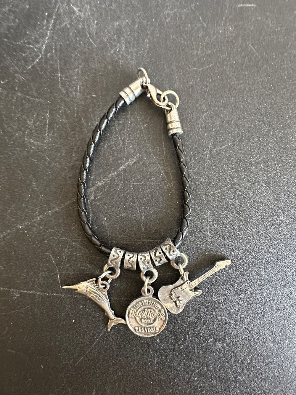 Hard Rock Cafe Las Vegas Black Braided Leather Charm Bracelet/Necklace Set